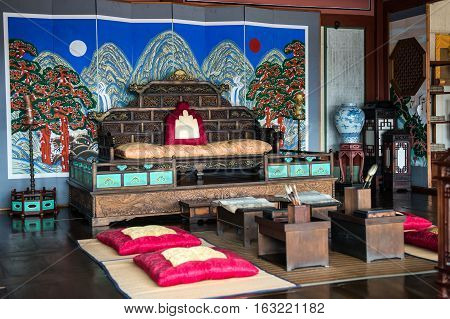 Suwon South Korea - December 23 2016: Hwaseong Haenggung Palace - Beautiful Traditional interior. Photo taken on December 23 2016 in Suwon South Korea