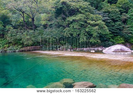 Clear Waters Of Kiso River. Kiso Valley, Nagano Prefecture, Japan