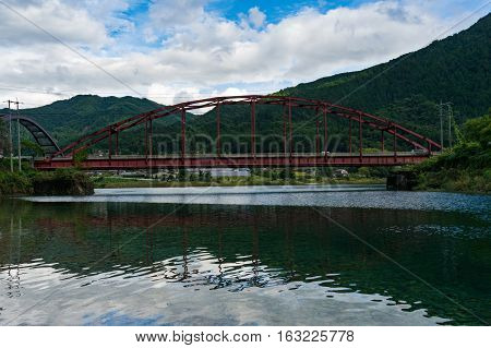 Red Bridge Across Kiso River, Japan
