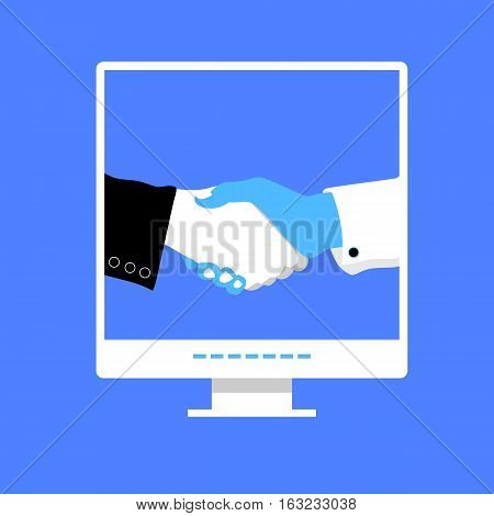 Business handshake with blue office building on screen