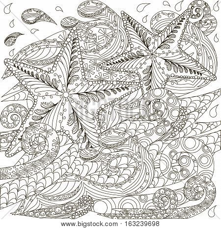 Hand drawn doodle starfish on waves, stock vector illustration