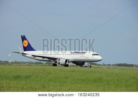 Amsterdam the Netherlands - May11th 2015: D-AIUG Lufthansa Airbus A320-200 on the Polderbaan runway of Amsterdam Schiphol Airport. Lufthansa is a German airline and also the largest airline in Europe headquartered in Cologne founded in 1953.