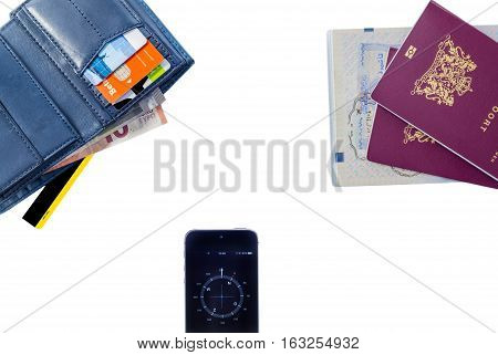 Preparation for a travel. Passport, Wallet, Visa, Credit kart,