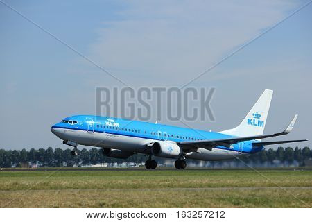 Amsterdam the Netherlands - August 18th 2016: PH-BXE KLM Royal Dutch Airlines Boeing 737 taking off from Polderbaan Runway Amsterdam Airport Schiphol