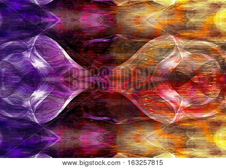 Abstract background of intertwined dualistic shapes flowing in opposite directions. Gradient borderline of spectral light forms. Intersecting red, purple, gold and white surrealistic objects