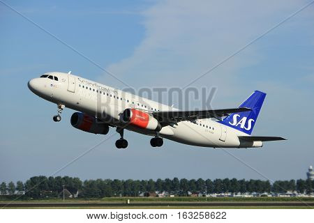Amsterdam the Netherlands - August 18th 2016: OY-KAW SAS Scandinavian Airlines Airbus A320 taking off from Polderbaan Runway Amsterdam Airport Schiphol