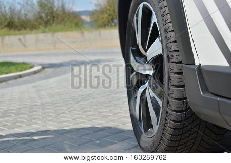 Jagodina Serbia - September 12 2016: Wheel with Goodyear tyre on a car parked on a pavement
