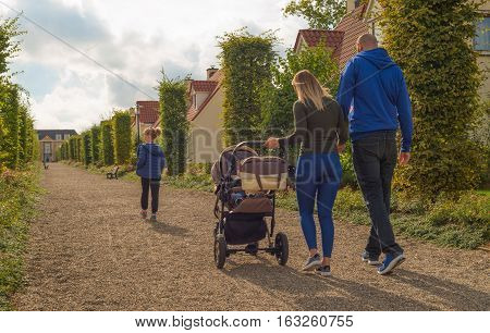 Young man walking with carriage in autumn street. Rear view