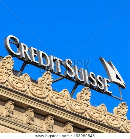 Zurich Switzerland - 27 December 2016: sign on the top of the Credit Suisse office building on Paradeplatz square. Credit Suisse Group is a Swiss multinational financial services holding company headquartered in Zurich.
