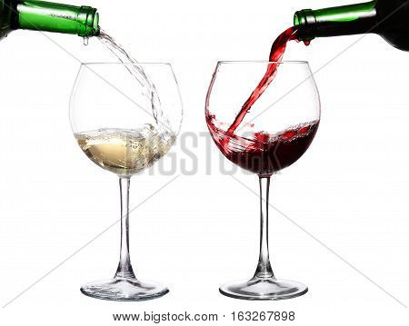 Red And White Wine Poring In Two Glasses