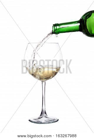 White Wine Pouring From The Bottle Intro The Glass On White Background