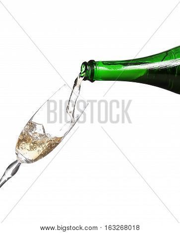 Champagne Being Poured Into Glass Or Flute, Isolated On A White Background.