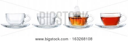 Set Of Cups With Tea Isolated On White Background.