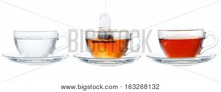 Set Of Cups With Tea Isolated On White Background.