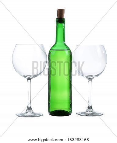 White Wine Bottle And Two Glasses. Isolated On White Background