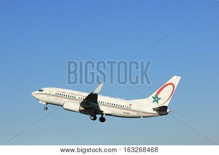 Amsterdam the Netherlands - August 18th 2016: CN-RNR Royal Air Maroc Boeing 737-7B6 taking off from Polderbaan Runway Amsterdam Airport Schiphol