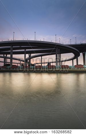Bangkok City - Beautiful sunset view of Bhumibol Bridge, Thailand