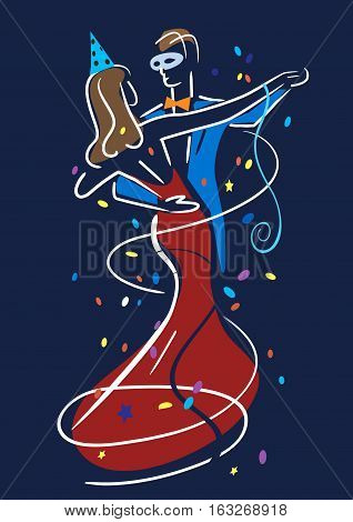 New Years Party Dancers. Colorful stylized illustration of Young couple dancing ballroom dance and confetti.Vector available.