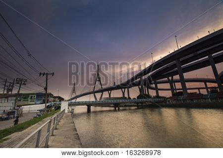 Bangkok City - Beautiful sunset view of Bhumibol Bridge, Thailand