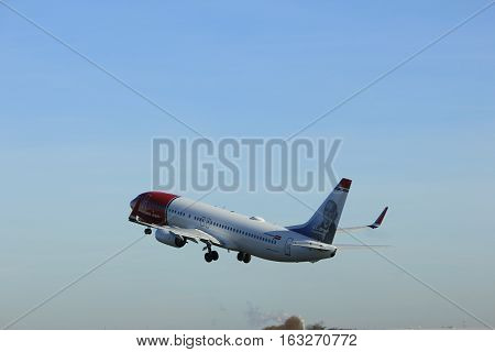 Amsterdam the Netherlands - November 25th 2016: LN-NGF Norwegian Boeing 737 taking off from Polderbaan Runway at Amsterdam Airport Schiphol