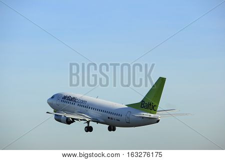 Amsterdam the Netherlands - November 25th 2016: YL-BBM Air Baltic Boeing 737 taking off from Polderbaan Runway at Amsterdam Airport Schiphol