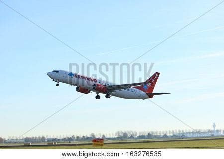 Amsterdam the Netherlands - November 25th 2016: PH-CDH Corendon Dutch Airlines Boeing 737 taking off from Polderbaan Runway at Amsterdam Airport Schiphol