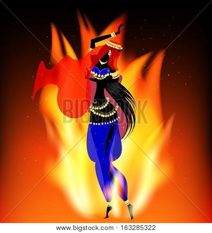 dark background with flame and abstract dancing oriental girl in red-blue