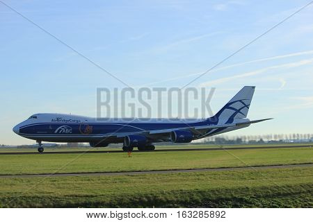 Amsterdam the Netherlands - November 25th 2016: VQ-BVR AirBridgeCargo Boeing 747 taking off from Polderbaan Runway at Amsterdam Airport Schiphol