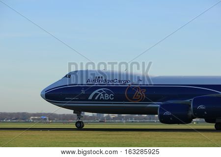 Amsterdam the Netherlands - November 25th 2016: VQ-BVR AirBridgeCargo Boeing 747 taking off from Polderbaan Runway at Amsterdam Airport Schiphol