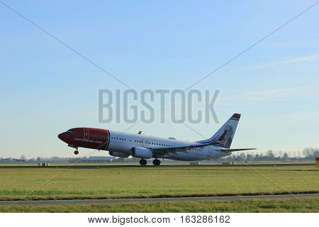 Amsterdam the Netherlands - November 25th 2016: LN-NGF Norwegian Boeing 737 taking off from Polderbaan Runway at Amsterdam Airport Schiphol