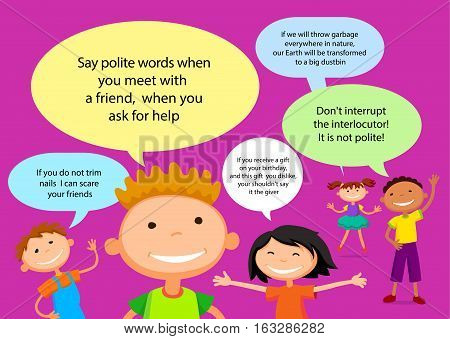Vector brochure backgrounds with cartoon children. balloon template design. Courtesy lesson for children rights to the banner advertisement for children illustration
