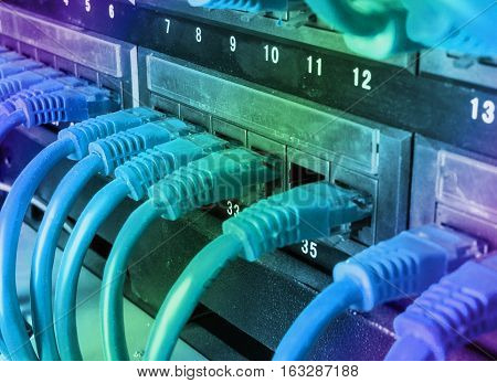 Server rack with blue internet patch cord cables connected to patch panel in server room. Gradient