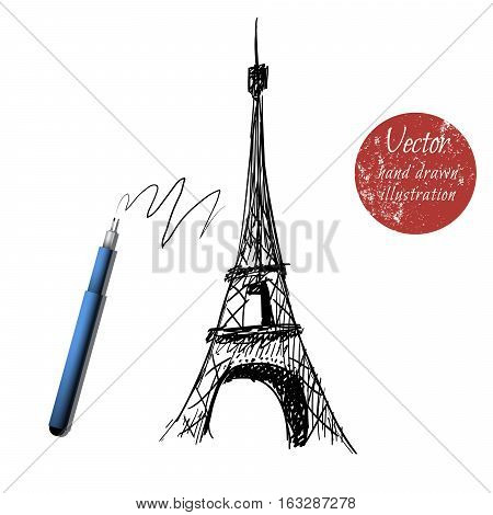 eiffel tower isolated on white background.Hand drawn style.Stock vector