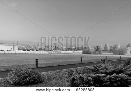 Chomutov Ustecky kraj Czech republic - december 06 2016: Prazska ulice street covered with frost during heavy night frosts