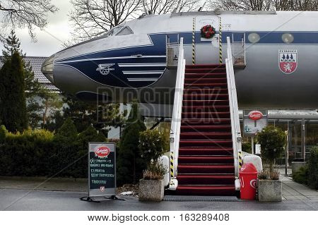Petrovice Ustecky kraj Czech republic - december 10 2016: old airliner Tupolev T-104 today functioning as a restaurant