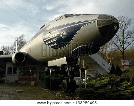 Petrovice Ustecky kraj Czech republic - december 10 2016: old airliner Tupolev T-104 today functioning as a restaurant