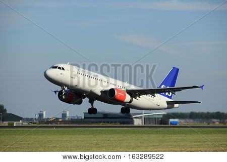 Amsterdam the Netherlands - August 18th 2016: OY-KAW SAS Scandinavian Airlines Airbus A320 taking off from Polderbaan Runway Amsterdam Airport Schiphol