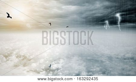 Bird flying on fantasy opposite weather sky beautiful sun and ominous stormy sky clouds infinity conception for composite