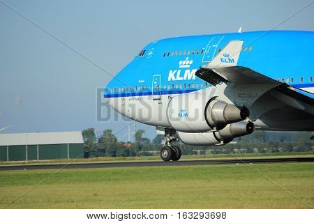 Amsterdam the Netherlands - August 18th 2016: PH-BFD KLM Royal Dutch Airlines Boeing 747-406(M) taking off from Polderbaan Runway Amsterdam Airport Schiphol