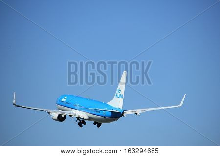 Amsterdam the Netherlands - August 18th 2016: PH-BXE KLM Royal Dutch Airlines Boeing 737 taking off from Polderbaan Runway Amsterdam Airport Schiphol