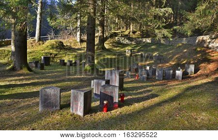 Begunje Slovenia - December 25th 2016. Gravestones at the Begunje Hostages Cemetery. The small cemetry is a World War Two memorial.