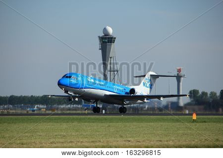 Amsterdam the Netherlands - August 18th 2016: PH-KZU KLM Cityhopper Fokker F70 taking off from Polderbaan Runway Amsterdam Airport Schiphol