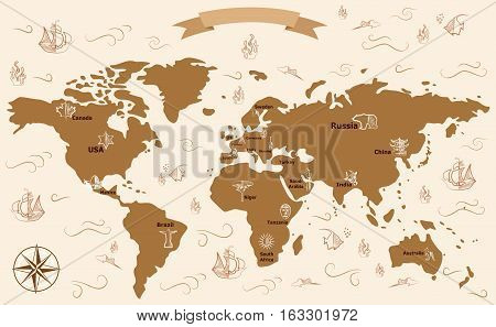 illustration with a beautiful map of all the continents and oceans.