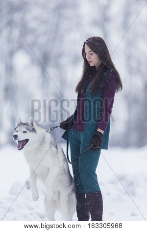 Caucasian Brunette Woman Keeping Her Husky Dog on a Short Leash During a Stroll in Winter Time Outside.Vertical Image