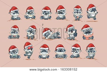 Set Vector Stock Illustrations isolated Emoji character cartoon Raccoon cub sticker emoticons with different emotions in the cap of Santa Claus for the greetings Merry Christmas and Happy New Year.