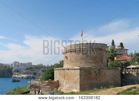 The more than 1.500 years old Hidirlik Tower near the Harbour of Antalya in Turkey