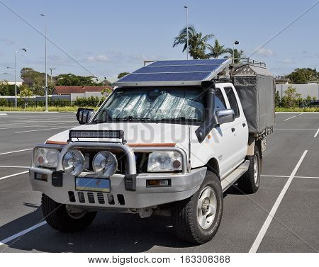 BRISBANE, AUSTRALIA - December 28, 2016: Solar panels mounted on top of a utility cabin for onsite use of renewable energy.