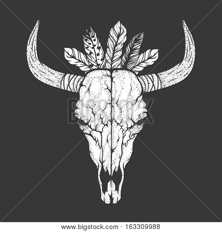 Bull skull with feathers native Americans tribal style. Dotted Tattoo blackwork. Vector hand drawn illustration. Boho design