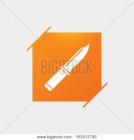 Knife sign icon. Edged weapons symbol. Stab or cut. Hunting equipment. Orange square label on pattern. Vector