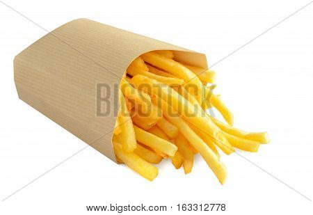 French fries in kraft blank paper box on white background.